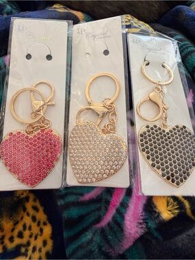 Heart Keychain - Gold with Pink/White/Black Crystal Hearts
